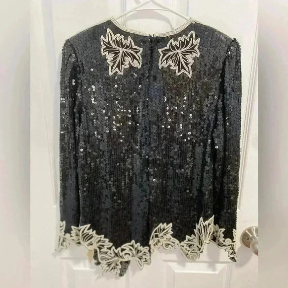 NWT Vintage JUDITH ANN Black&White Beaded 100% Silk Evening Blouse Lux Sz Small - Picture 4 of 9